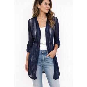 Nic + Zoe Knit Mesh Cardigan Navy Blue See Through Open Front Long Sleeve Size S